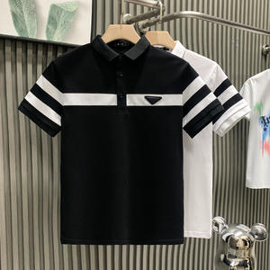 Kemeja <span class=keywords><strong>Polo</strong></span> Lengan Pendek Pria Ringan dan Berkerah Lipat Garis-garis Hitam Putih Merek Fashion Populer di Internet - Product Image 2