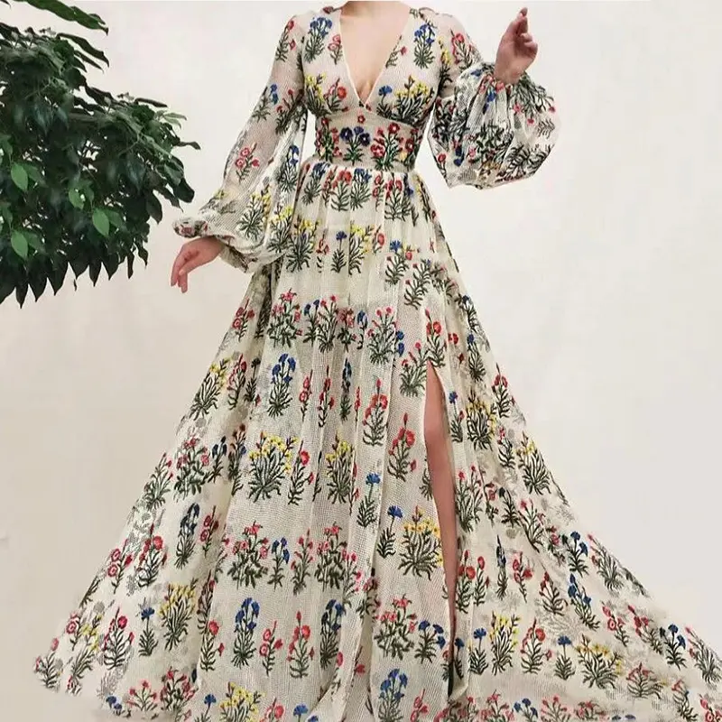 2023 New Vintage Pattern Colorful Embroidery Sexy Loose Long Summer Casual Ladies Bohemian Dresses