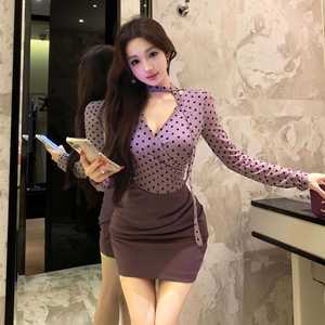 Purple Polka Dot Faux Two Piece Dress Women Long Sleeve Waist Cinching Bodycon Mini <b>Skirt</b> Spring Autumn Elegant Sexy Stretch - Product Image 1