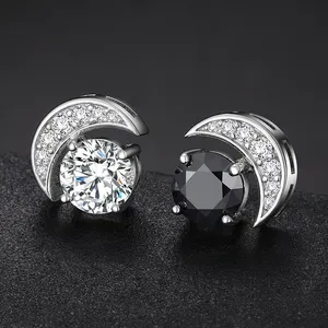 Fancy Design White and Black Moissanite Stud Earrings 925 Sterling Silver VVS Diamond Sun and Moon Ear Stud For Men Women