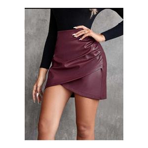 Jupe portefeuille taille haute en similicuir pour femme avec fermeture éclair et détail froncé finition brillante - Product Image 2