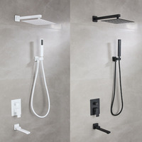 Système de douche encastré 3 fonctions avec pommeau de pluie carré, bec de baignoire et douchette murale en laiton pour salle de bain