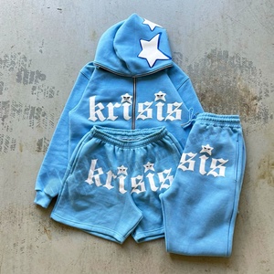 Spring Full Zip up Hoodie and Short <b>Sets</b> Tracksuit Custom Logo Puff Print Sweatsuit Hoodies and Shorts <b>Set</b> Men - Product Image 3