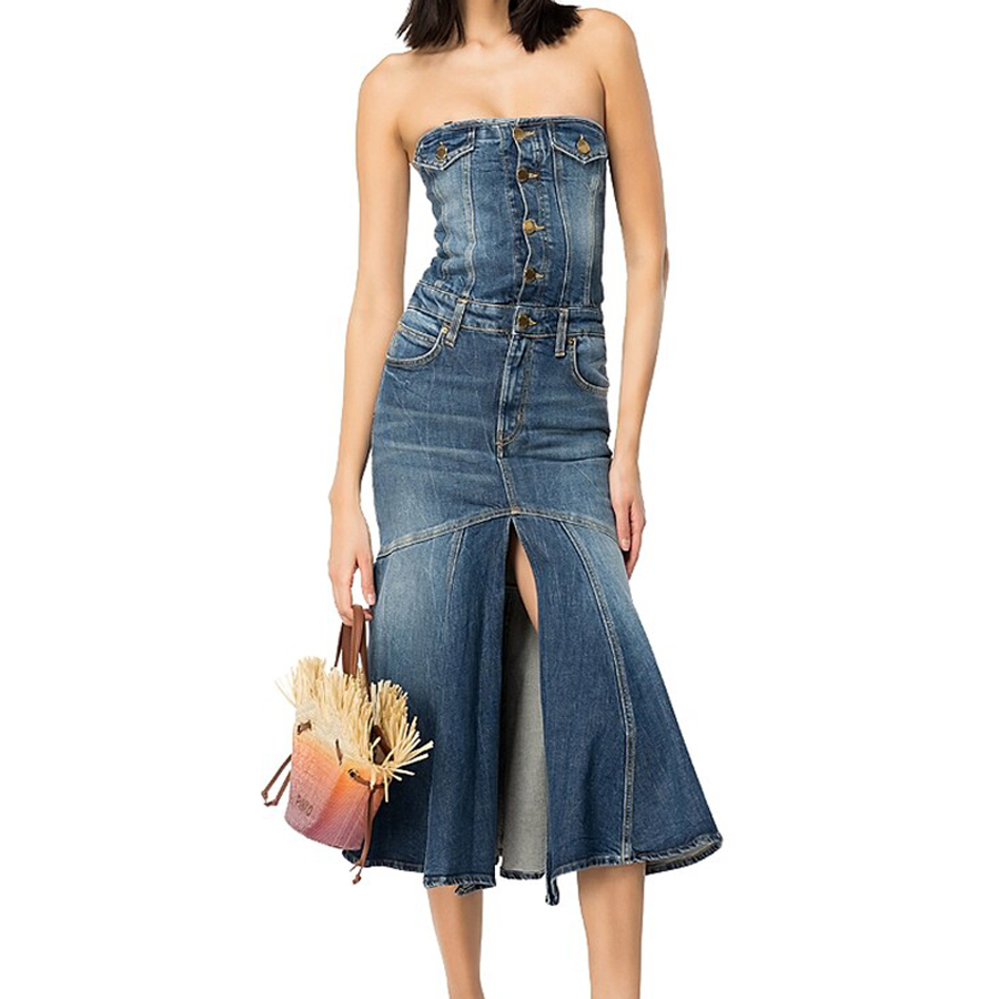 knee length dresses for ladies Strapless Denim Paneled Maxi Dress – Ashley Stewart main image 1