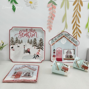 DAMAI Christmas Decoration Gingerbread Cottage with Christmas Tree <b>Disposable</b> <b>Tableware</b> Set Christmas Paper Plates Cups Napkins - Product Image 1