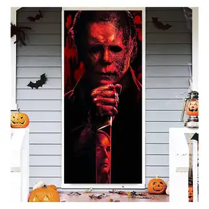 Pemasok pesta dekorasi pintu hantu menakutkan penutup pintu raksasa kerangka hantu untuk Halloween