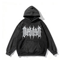 Sweat à capuche streetwear noir gothique, 100% coton, coupe oversize, grammage lourd, effet vieilli et délavé à l'acide, imprimé Kornit personnalisé