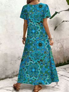 Abito lungo <span class=keywords><strong>da</strong></span> <span class=keywords><strong>donna</strong></span> a vita alta con scollo a V, silhouette ad A, maniche corte, floreale, stile boho, ideale per invitati a matrimoni primaverili - Product Image 2