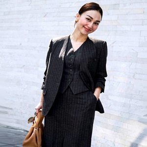 <b>Women's</b> <b>Collarless</b> Tailored Blazer with Polyester Fabric Striped Pattern Long Executive Fashion <b>Jacket</b> Chest Welt Pocket - Product Image 1