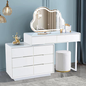 Coiffeuse moderne en bois massif avec miroir LED et tabouret pour chambre de fille, dortoir, maquillage et manucure - Product Image 2