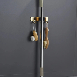 Support <span class=keywords><strong>mural</strong></span> en acier inoxydable de haute qualité pour <span class=keywords><strong>balai</strong></span> et serpillière avec 3 clips et 4 crochets, rangement d'outils, organisateur pour salle de bain - Product Image 2