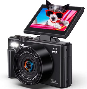 Cámara digital 5K para YouTube Cámara <span class=keywords><strong>compacta</strong></span> retro 75MP con pantalla abatible de 3 "180 ° y zoom digital 18X Tarjeta Micro SD de 32GB - Product Image 1