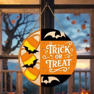 Letrero Redondo de Madera en Capas para Puerta de Halloween, Decoración para el Hogar con Diseño de Truco o Trato, Caramelo, Maíz y Murciélago, para Colgar en la Puerta Principal o Pared - Product Image 1