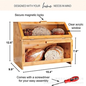 Bamboo Double Layer Bread Box 47x27x34cm Large Capacity Wooden <b>Storage</b> <b>Kitchen</b> Food Snack Container - Product Image 2