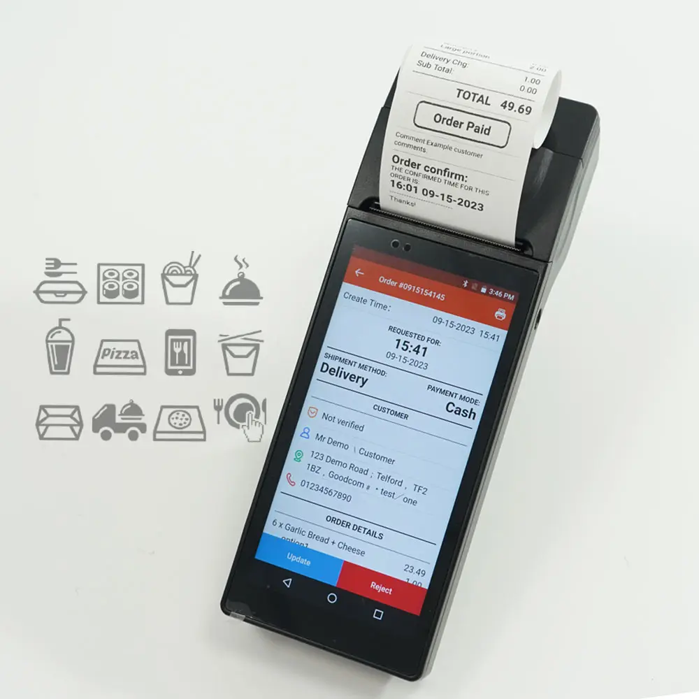 Machine de recharge de terminal mobile portable Android 4G avec NFC et imprimante d'étiquettes de reçus Scanner de code QR pour magasin restaurant