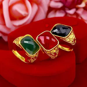 mannelijke edelsteen ringen Suppliers-Dropshipping Luxe Mode 14K Gouden Ring Voor Mannen Wedding Engagement Sieraden Grote Edelsteen Green Emerald Ring Rode Jade Steen mannelijke