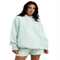 Ensemble sweat-shirt à capuche et short vert menthe pour femme, coupe décontractée, 100% coton molletonné respirant, tenue printemps-été