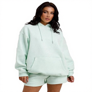 Ensemble sweat-shirt à capuche et short vert menthe pour femme, coupe décontractée, 100% coton molletonné respirant, tenue printemps-été - Product Image 4