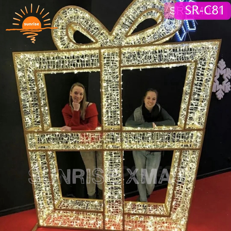 Outdoor 3D Golden Lighted Christmas Gift Boxes for Decoration