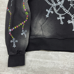 Mode pull imprimé goutte épaule à capuche haute qualité 500gsm strass à capuche lavé français Terry surdimensionné sweats à capuche unisexe - Product Image 5