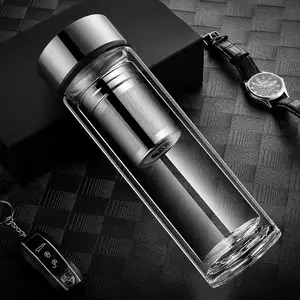 Custom double wall borosilicate glass water bottle with tea infuser / Portable infuser glass water bottle