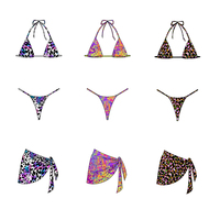 Ensemble bikini 3 pièces imprimé tie-dye marbré anti-UV OEM ODM en gros avec paréo assorti pour femme, idéal pour les vacances d'été à la plage et en station balnéaire