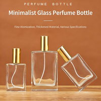 Flacon de parfum de luxe 50 ml en verre carré plat, élégant, vide, en cristal, rechargeable pour voyage avec pulvérisateur à pompe