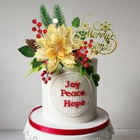 Ensemble de Décoration Florale de Noël pour Gâteau : Pin, Baies, Poinsettia, Feuille de Lierre, Topper Doré Joyeux Noël, Flocon de Neige – Fournitures de Fête de Noël
