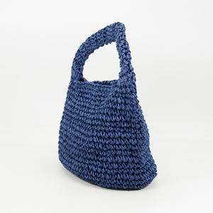 Handmade Crocheted Navy Straw Mini <strong>Slouch</strong> <strong>Bag</strong> Casual <strong>Tote</strong> for Summer Beach - Product Image 3