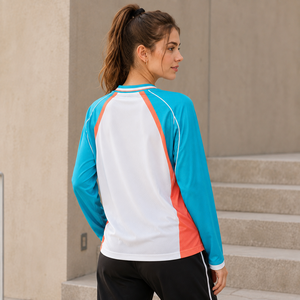 <span class=keywords><strong>Maglia</strong></span> <span class=keywords><strong>Sportiva</strong></span> OEM da <span class=keywords><strong>Donna</strong></span> con Stampa Sublimatica, Maniche Raglan Lunghe, Scollo a V, Pannello a Contrasto, Asciugatura Rapida e Traspirante - Product Image 3