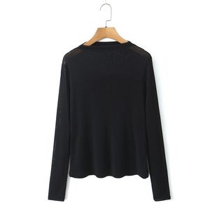 Runqi - Top de Manga Larga con Cuello Alto y Malla Transparente para Mujer, Color Negro Sólido, Talla Grande, Ropa de Trabajo N9007 - Product Image 1