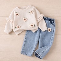 Ensemble de vêtements pour fillettes avec fleurs 3D, sweat-shirt côtelé à manches bouffantes, jeans, tenues d'automne pour bébés