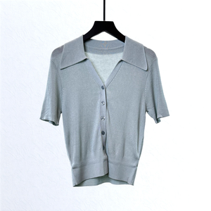 Factory Low MOQ Wool Cotton Viscose Nylon Knitwear <strong>Polo</strong> <strong>Neck</strong> Fine Knit Women Cardigan Half Sleeve Office <strong>Lady</strong> Sweater <strong>Jumper</strong> - Product Image 5