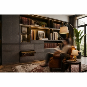 Estantería de Pared Moderna Italiana de Lujo Personalizada con Iluminación LED, Muebles de Biblioteca de Madera Oscura para Proyectos de Villas y Oficinas - Product Image 1