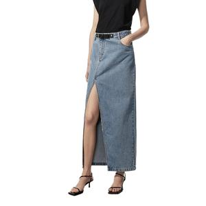 Jupe longue en jean bleu 100 % coton personnalisée pour femme, taille haute, fendue, style vintage délavé - Product Image 1