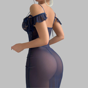 Corset sexy brodé respirant bleu marine en dentelle à fente haute et volants pour femme, idéal pour la nuit de noces, avec ourlet floral à volants - Product Image 3
