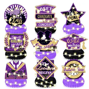 Huancai 2024 graduation honeycomb table centerpieces toppers table decorations black purple hanging fans for grad party supplies