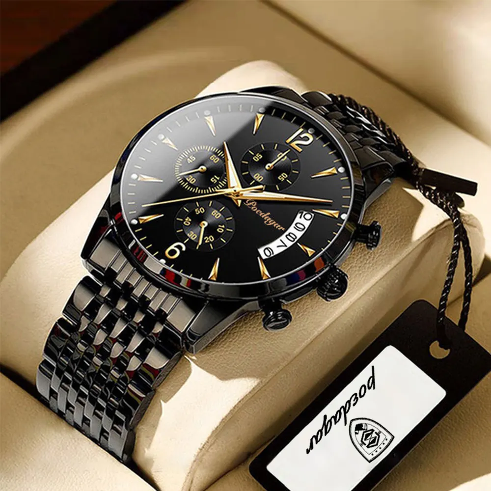 Poedaga New Fashion Watch for Men Luxury Leather Men Wrist Waterproof Luminous quartz watches Chronograph Sport Men Watch Wrist