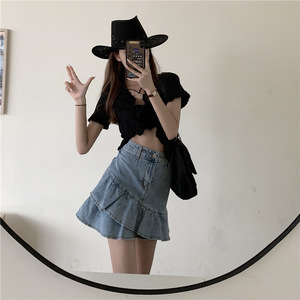 Minigonna in denim da donna a vita alta, modello A-line, <span class=keywords><strong>con</strong></span> orlo a balze, casual e traspirante, perfetta per l'estate - Product Image 2