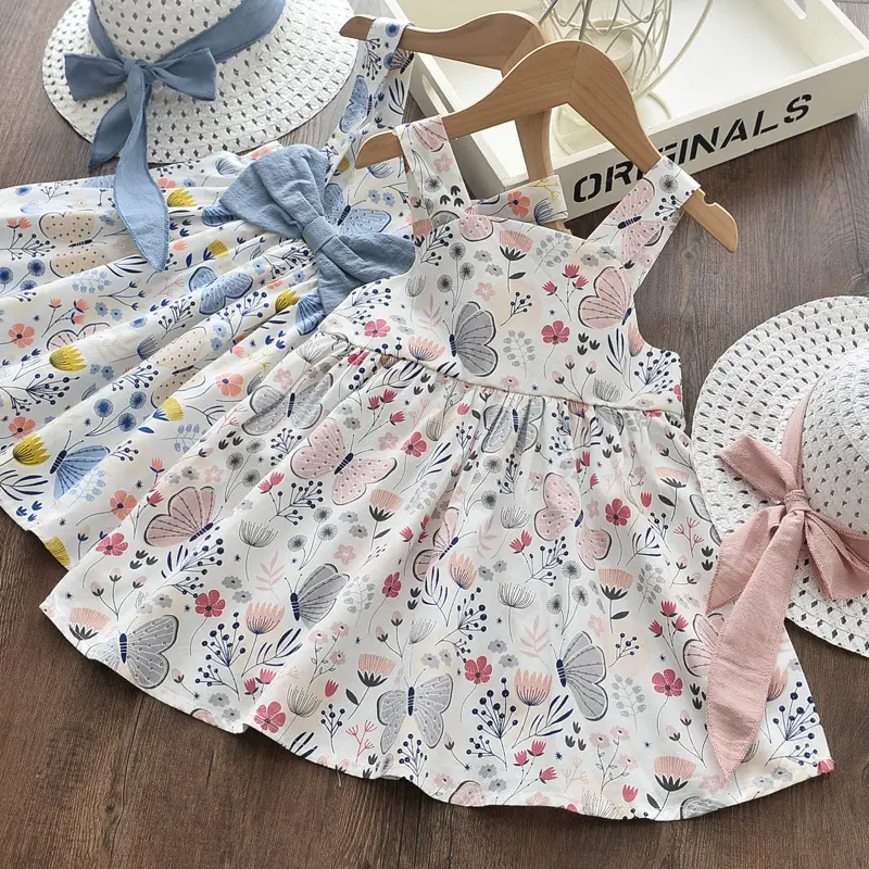 Baby Meisjes Jurk Zomer Meisjes Kleding Nieuwe Kinderjurk Vlinder Print Halter Jurk Stuur Hoed