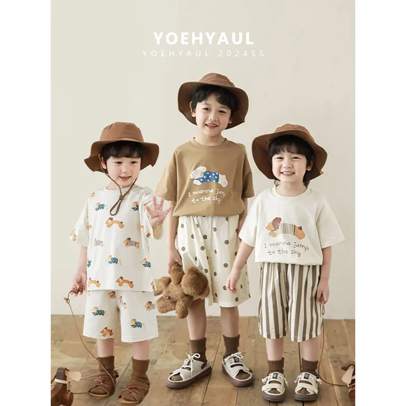 YOEHYAUL N5004 Fabricante de algodão de alta qualidade terno para meninos com estampa de cachorro, camiseta e shorts, conjuntos de roupas infantis de duas peças para meninos