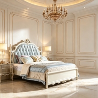 Lit de style rococo français en bois massif, tête de lit capitonnée en cuir bleu clair, sculpté, pour chambre à coucher (tailles King et Queen)