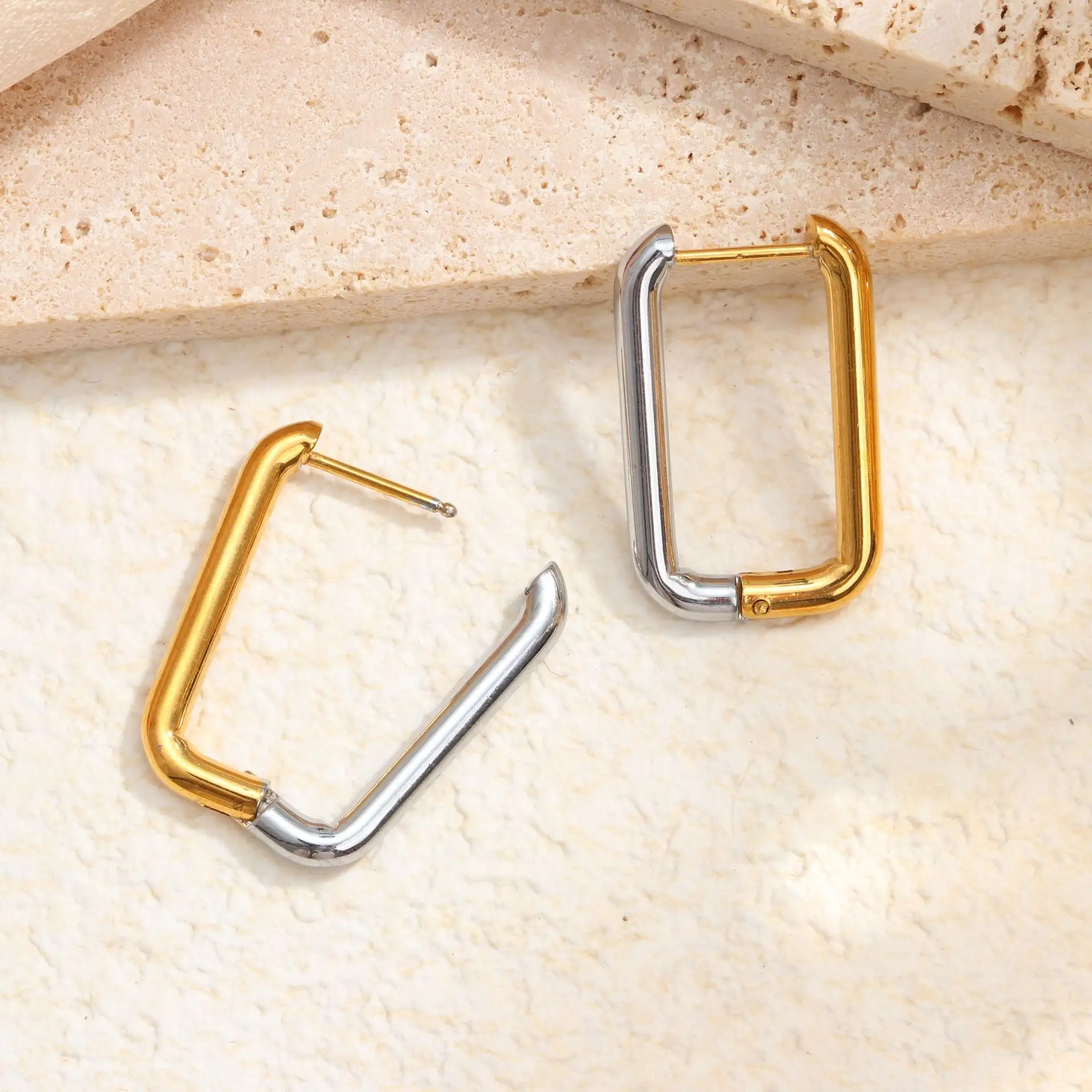 Mode En Acier Inoxydable Bijoux Boucles D'oreilles Deux Couleurs Géométrique Chunky Hoops Carré Rectangle Hoop Boucles D'oreilles