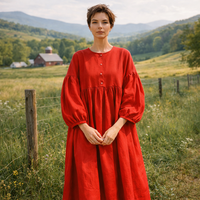 Robe ample à manches longues en lin rouge sur mesure pour femmes, décontractée, élégante et tendance
