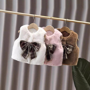 Chaleco Acolchado Cálido y Peludo para Bebé Niña, Lindo Diseño a Cuadros con Lazo, Ropa Exterior para Niños, Estilo Cómodo - Product Image 1