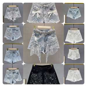 Shorts de Mezclilla de Cintura Alta para <span class=keywords><strong>Mujer</strong></span>, Transpirables, Estilo Vintage, con Elástico Rizado y Detalle Perforado, Color Lavado, Casuales para Verano - Product Image 2