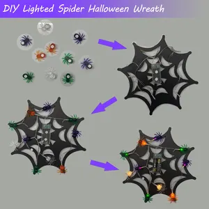 DIY Lighted Halloween Wreath Halloween Front Door Wreath 10PCS Spider Spooky Glitter Black Wreath