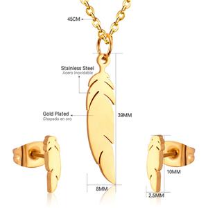 Vente en gros de colliers et boucles d'oreilles en acier inoxydable plaqué or 18 carats de haute qualité pour femmes, personnalisables, ensemble de bijoux en forme de feuille - Product Image 3