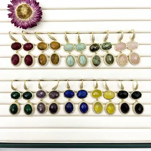 Vintage Design Crystal Long Drop Earrings Natural Amethyst Lapis Lazuli Rose Quartz CZ Gold Earring for Women Jewelry Wholesale