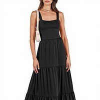 Robe d'été décontractée longue sans manches à col carré fluide et étagé pour femme, lavable, avec poches, en rayonne, polyester et élasthanne